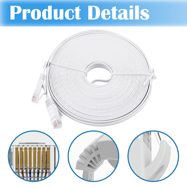 RJ45 CAT6 Ethernet Nätverks Platt LAN-kabel UTP Patch Router Kablar 1000M Vit 15 meter