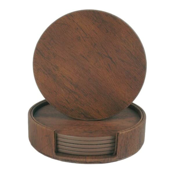6-pack Reversible Coasters Walnut PU with Holder Brown brown【K】 brown