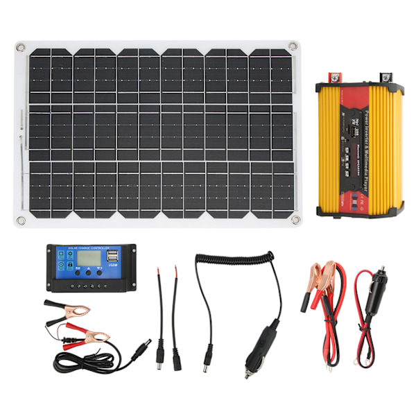Solkraftsystem Strömriktare med MP3 Multimediaspelare 30A Solcellsladdningsregulator 18W Monokristallin Solpanel 12V till 230V