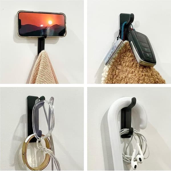 Self-Adhesive Wall Hook, Towel Holder for Bathroom, Dishcloth Hook for Kitchen, No Drilling Required, Wall Mount, Black, 4 Pieces