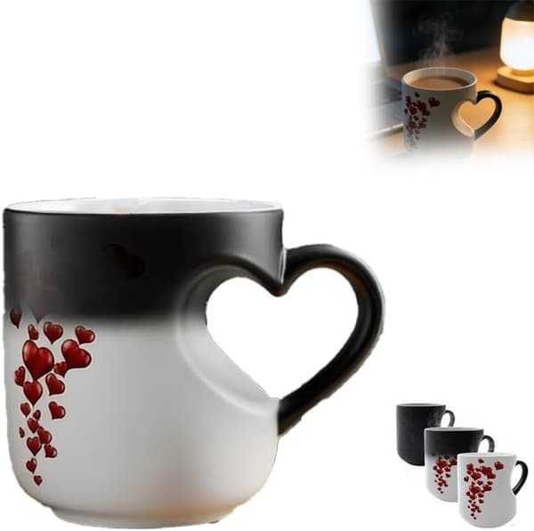 Heart-Shaped Color-Changing Magic Ceramic Mug, Temperature-Activated Reveals Red Hearts with Hot Drinks, Heart Handle Design