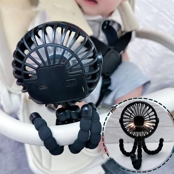 Flexible Stroller Fan - Portable Fan with Battery, Rechargeable with 3 Speeds, for Stroller, Bed or Office blue black