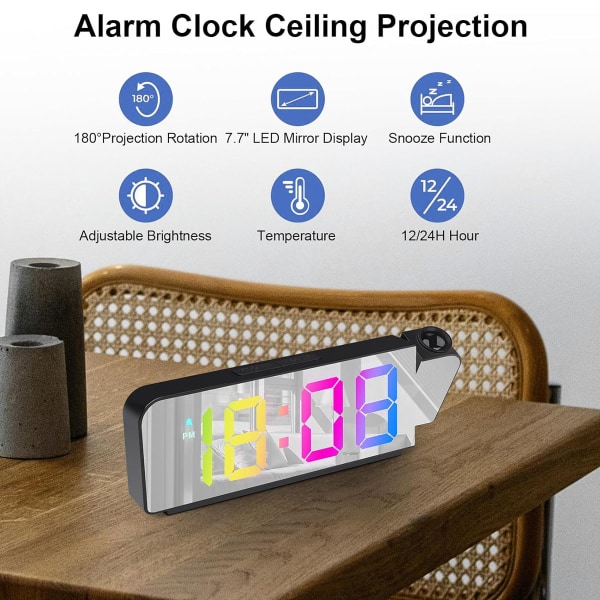 Projektionsväckarklocka för tak i sovrummet, LED digital väckarklocka med 180° roterbar projektor med USB laddning och minnesbatteri, justerbar