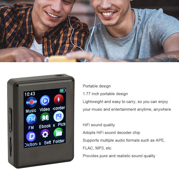 MP3-spelare HiFi Stereo Ljud Bluetooth 5.0 Inbyggd Högtalare FM-radio E-bok Väckarklocka Digital Röstinspelare