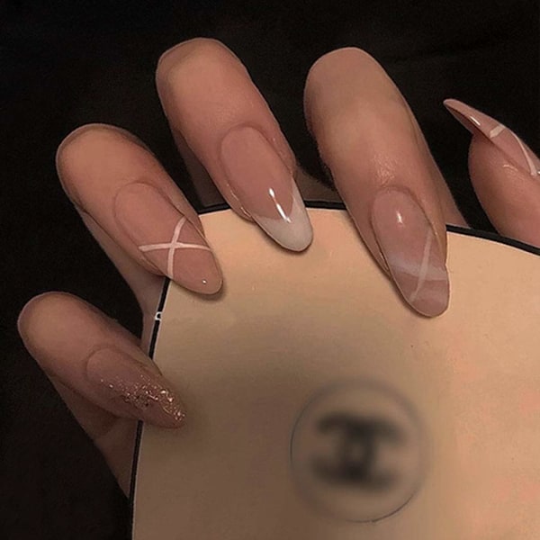 Snabb Stiluppgradering, Salong Rosa Glitter Mandelformade Press On-Naglar, Fransk Manikyr Akryl Konstgjorda Naglar För Enkel Applicering Och Present