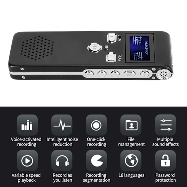 Digital röstinspelare HD Brusreducering Inbyggd Dubbel Mikrofon Portabel Inspelningsenhet MP3-spelare för Föreläsning 8G