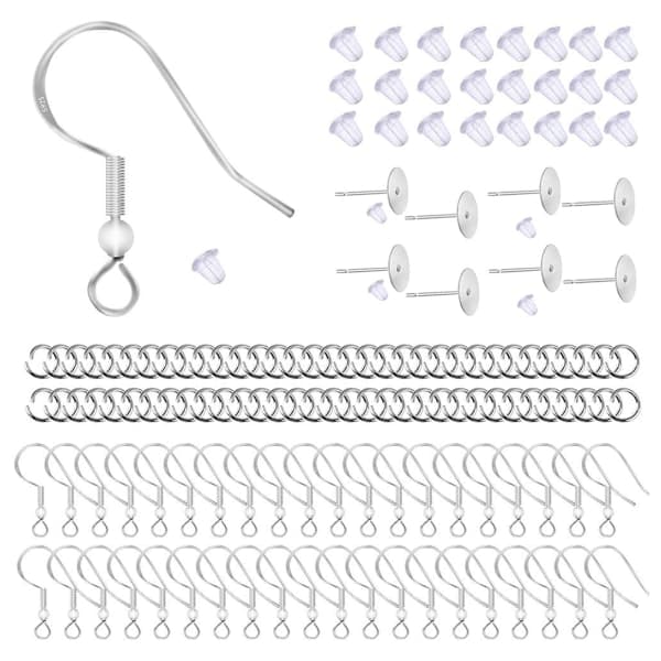 925 Silver Earring Hooks for Jewelry Making, Hypoallergenic Earring Hook Accessories, 100 Earring Hooks, 150 Ear Plugs, SQBB-FX-