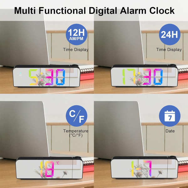 Projektionsväckarklocka för tak i sovrummet, LED digital väckarklocka med 180° roterbar projektor med USB laddning och minnesbatteri, justerbar