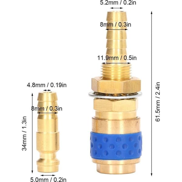 8 mm brænderslangeadaptersæt – messing – lynkoblingsfitting – MIG/TIG – blå