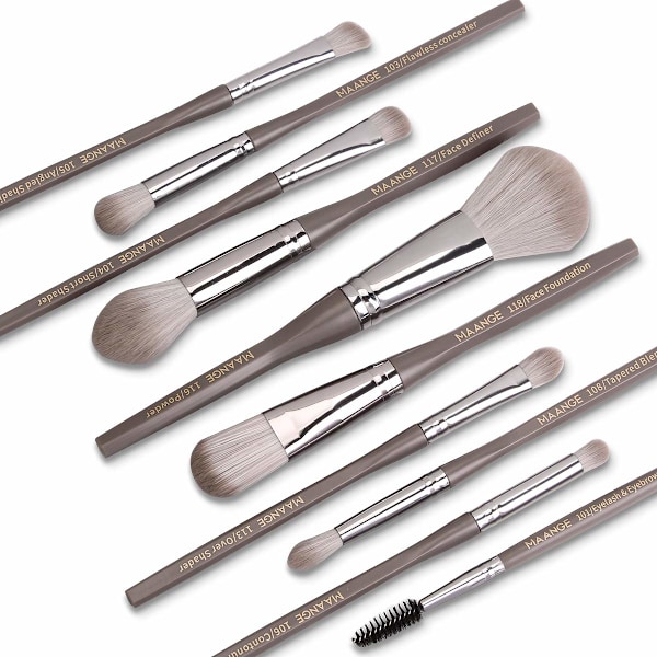Sminkborstar Set, Björkhandtag, Ögonmakeupborstar, Fäller Inte, Portabla, Grå, 10 st