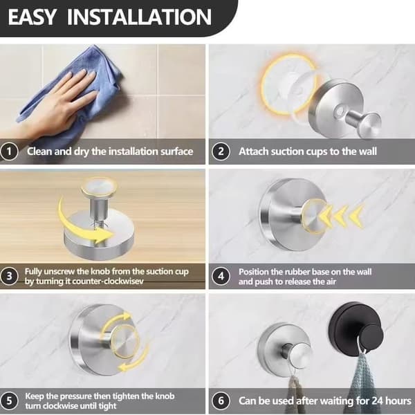 Suction Cup Hook with Vacuum, 2 Suction Cup Wall Hooks, Stainless Steel Bathroom Suction Cup, Waterproof, Removable, Reusable black
