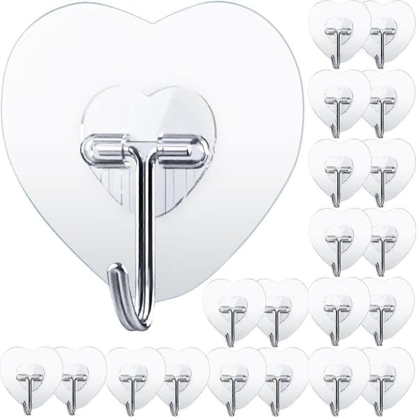 Transparent Adhesive Hooks, Pack of 20 Wall Hooks, Self-Adhesive Hooks, No