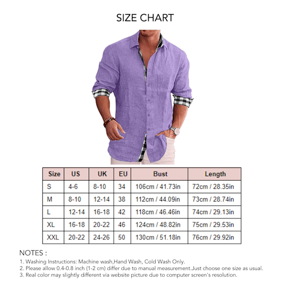 Men Button Up Shirt Long Sleeve Turn Down Collar Outer Plain Pattern Inner Plaid Print Loose Casual Soft Men Shirt Light Purple L