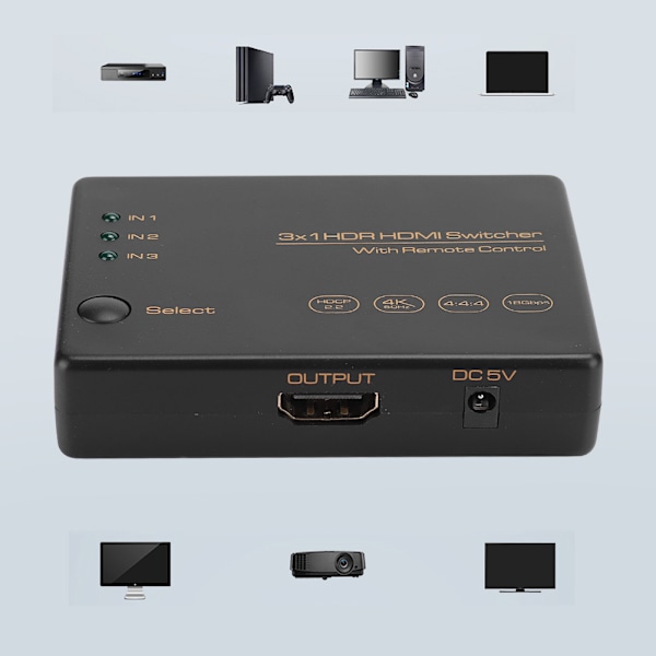 3 Port Switch 3X1 4K 60HZ Fjärrkontroll Tre in och En ut 24M1