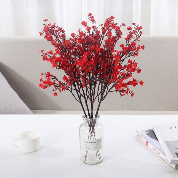 6 st Fall Faux Blommor Fake Babys Breath Blomma Bulk Konstgjord Gypsophila Bukett Siden Blommor Arrangemang Centerpieces för Hem Kök Sovrum Red