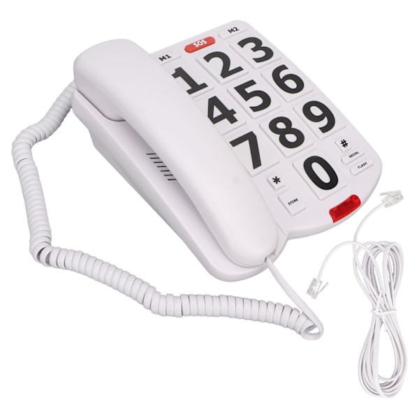 Telefon med stora knappar, enkel klassisk justerbar volym, fast telefon för seniorer, vit
