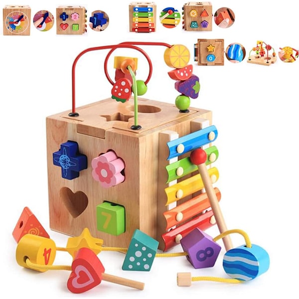 Pedagogisk Byggleksakscenter, Montessori STEM-inlärning, 5-i-1 Multifunktionella Spel för Småbarn med Fruktformade Pärlor, Träform