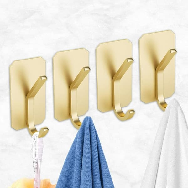 Self-adhesive wall hook, 4 self-adhesive hooks, wall hook, for kitchen, bathroom, office, kitchen hook for hanging towels, hats, keys, bags[TT] Upper and lower hook gold