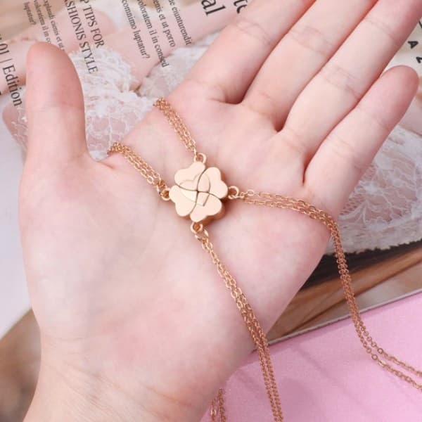 Gold 4 Pieces Four-Leaf Clover Sewing Necklace Magnet Stone BF