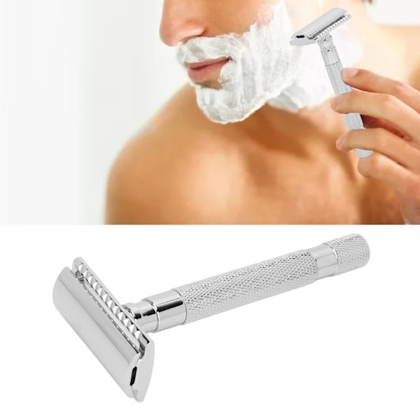 Double Edge Safety Razor Long Handle Manual Zinc Alloy Safety Razor Men Shaver Without BladeSilver