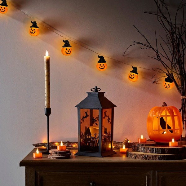 Halloween pumpaslingor med häxhatt, 30 LED 14.7FT 8 lägen Timer 3D Vattentät Orange Jack-O-Lantern Batteridrivna flimmerljus