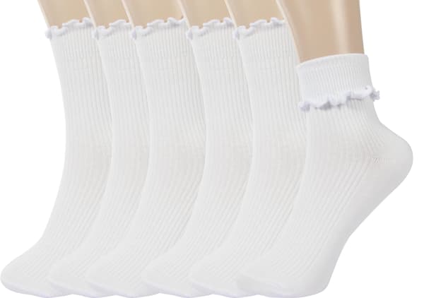 6 Pairs Solid White Women's Ruffle Socks. 75% Cotton Blend, Lightweight and Stretchy with Soft Heel and Smooth Toe. Perfect white