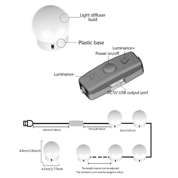 12Pcs LED Mirror Light Lamp Vanity Kit for Makeup Dressing USB Dimming Blubs