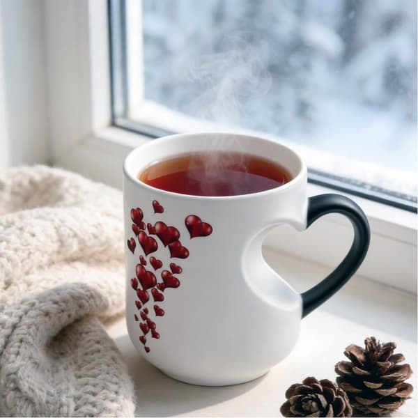 Heart-Shaped Color-Changing Magic Ceramic Mug, Temperature-Activated Reveals Red Hearts with Hot Drinks, Heart Handle Design