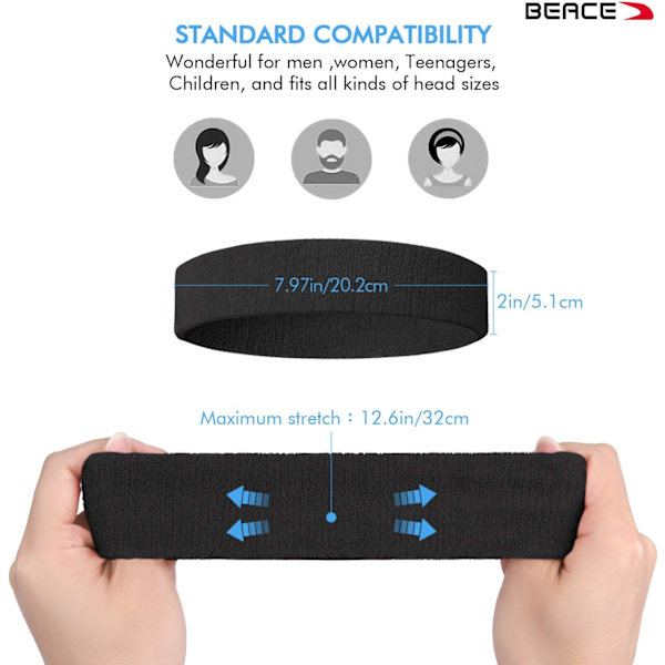 3Pack svettband Sportpannband för män och kvinnor - fuktavledande atletisk bomullsfrotté svettband för tennis, basket, löpning, gym, Black