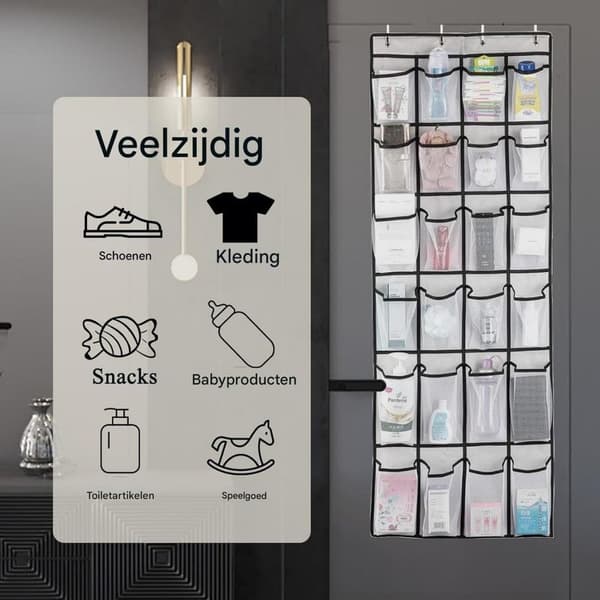 Skohylle - 24 rom - Nettingoppbevaringspose for bak døren - Egnet for soverom, baderomsskap - Hvit