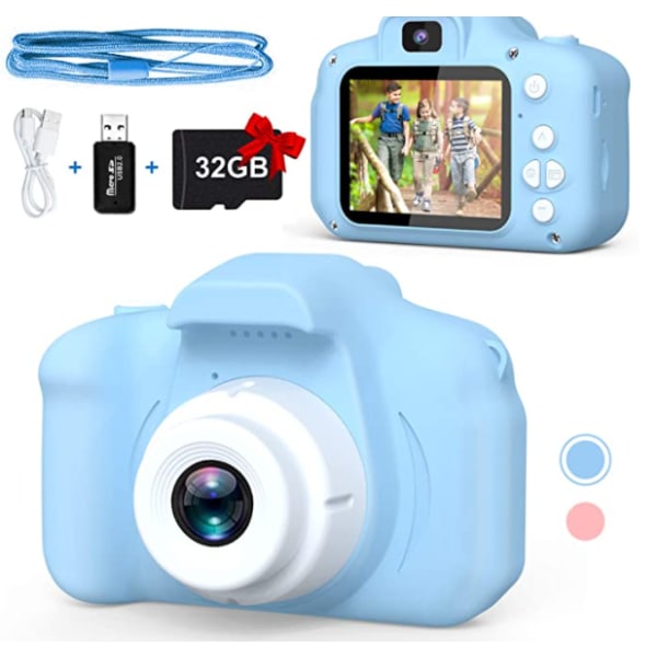Støtsikkert selfie-barnekamera, beste bursdagsgaver til småbarn, dobbeltkamera for barn i alderen 3-10, HD digital video med 32 GB SD-kort, julebarneleke for Blue