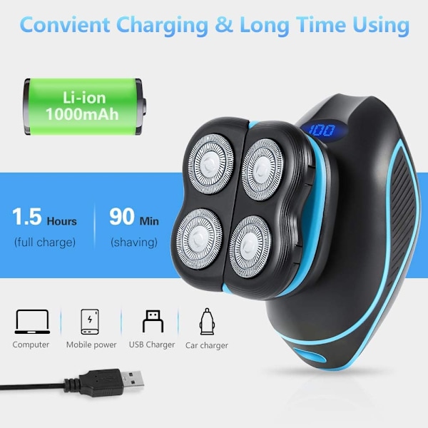 Elektrisk rakapparat för män med utbytbara huvuden, våt- och torrakning, kompakt omslutande design, intelligent display, reselås, multifunktion