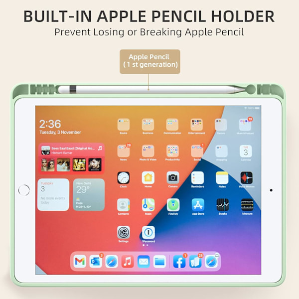iPad 10,2 tum med pennhållare, skyddsfodral med mjuk TPU-baksida, matcha grön