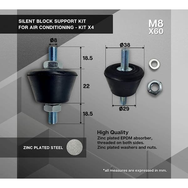 Konisk Silent Block för Luftkonditionering M8 Antivibrationsfötter med Muttrar och Brickor, Förpackning med 4 M8 Silent Blocks, Väggmontering för Reversibel Luftkonditionering