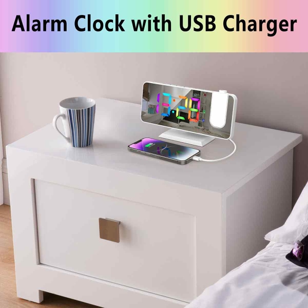 Projektionsväckarklocka för sovrum, RGB färgglad digital klocka med spegelyta, 11 färger, 180° projektor i taket, LED Modern skrivbordsklocka för white