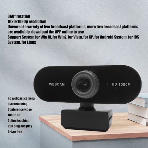 1080P Dator Kamera 360° Rotation 30fps Bildfrekvens USB Webbkamera med Mikrofon för Konferens Videosamtal 1080P Manuell Fokusering