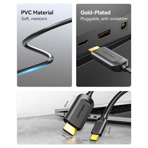 Type-C till HDMI Adapterkabel - Svart 2m USB C till HDMI Kabel 2 meter