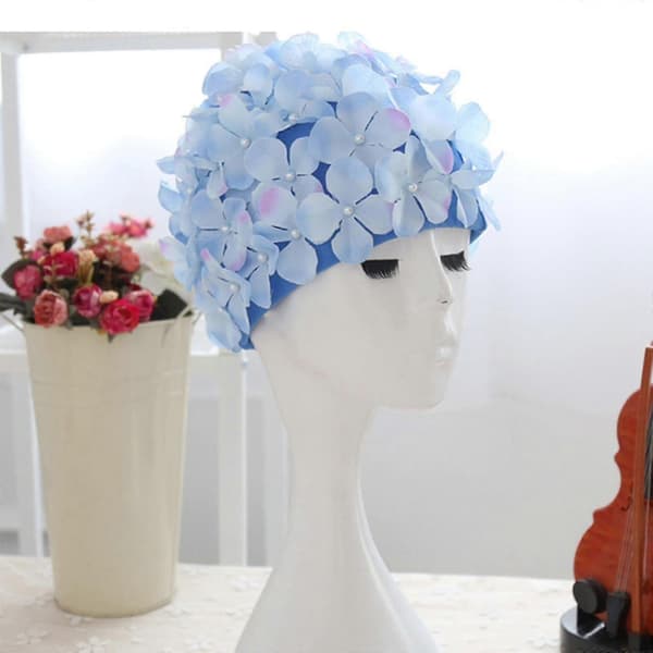 Retro blomstret badehette for kvinner med 3D-kronbladdesign for bading blue