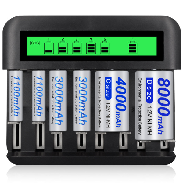 LCD universal batterilader - 8-felts AA/AAA/C/D batterilader for oppladbare batterier med 2A USB-port, Type C-inngang, raskt AA/AAA-batteri Style 2