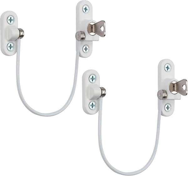 Vindues- og Dørlås med Kabel - 2-pak, Hvid, med Nøgle