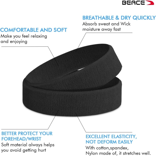 3Pack Sweatbands Urheilullinen pääpanta miehille ja naisille - kosteutta siirtävä, urheilullinen puuvillainen froteekankainen hikinauha tennikselle, koripallolle, juoksulle, kuntosalille, Black