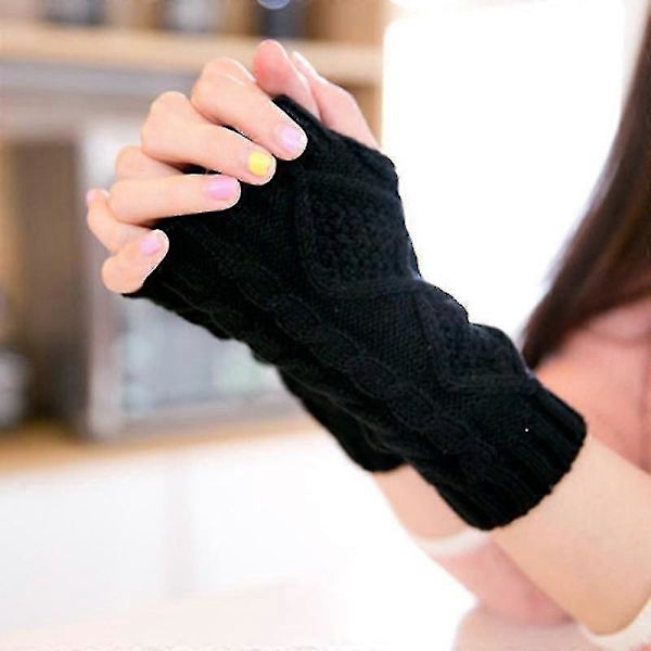 Dam Vinter Stickade Handskar Handled Arm Hand Fingerlösa Vantar Black A