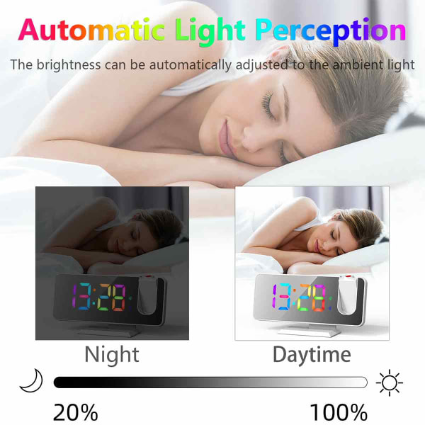 Projektionsväckarklocka för sovrum, RGB färgglad digital klocka med spegelyta, 11 färger, 180° projektor i taket, LED Modern skrivbordsklocka för white