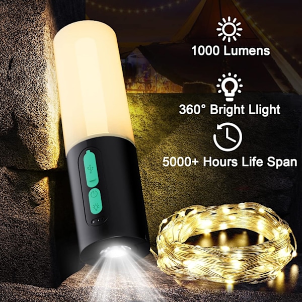 Campingslingor, 33 fots ljus med lyktor (4 i 1 design), campingljus 2000 mAh laddare, 7 lägen, IPX6 vattentät, laddningsbara ficklampor för