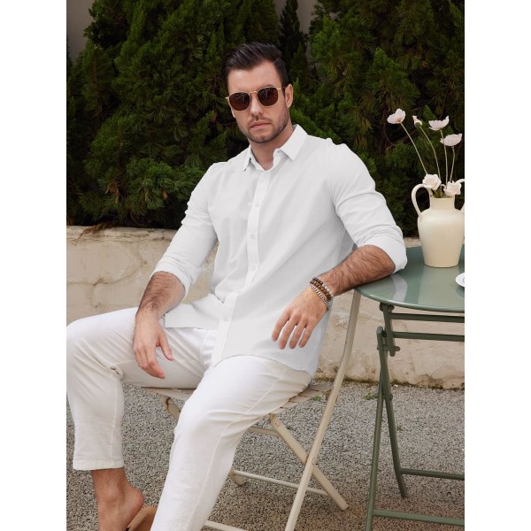 1PCS bomulds- og linnedskjorte i ensfarvet til mænd - hvid