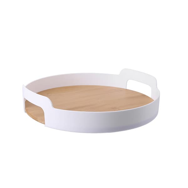 Ottoman Bricka, Serveringsbricka med Handtag, Rustika Runda Träbrickor, Soffbordsbricka, Moderna Serveringsbrickor i Bambu, Ottoman Brickor i Trä. White