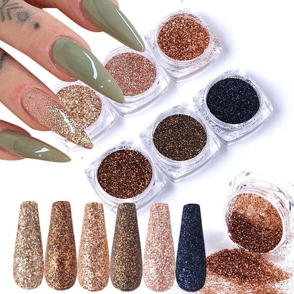 Lösningsmedelsresistent glitter för holografiskt guldglitter, gelpolerings-dipppulverset lyfter din manikyr, blandade färger, 6 st