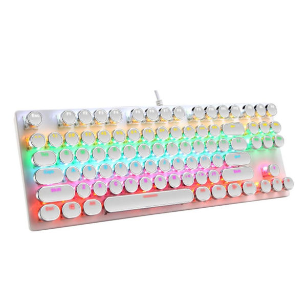 Mekaniskt gamingtangentbord i skrivmaskinsstil med RGB LED regnbågsbakgrundsbelysning, blå brytare, retro steampunk runda tangenter för Windows gaming PC (87 tangenter)-Ele