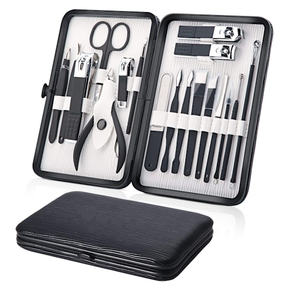 18-delars Manikyr Pedikyr Kit, Rostfritt Stål Multipurpose Grooming Verktyg, Portabel Design Innesluten i Syntetiskt Läder, Perfekt Present med Utsökt