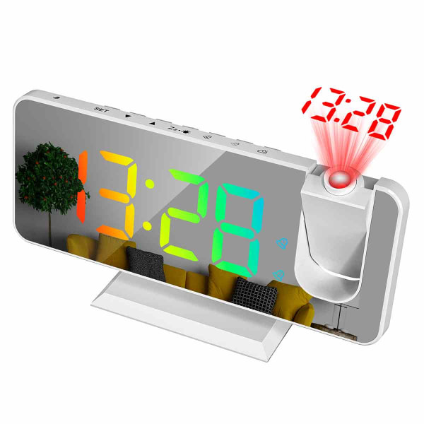 Projektionsväckarklocka för sovrum, RGB färgglad digital klocka med spegelyta, 11 färger, 180° projektor i taket, LED Modern skrivbordsklocka för white